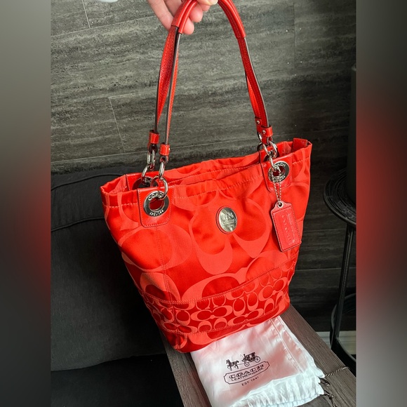 Coach Handbags - Coach Crimson Orange Signature Nylon ToteBag Leather Trim/Hangtag + Dust Bag 12”